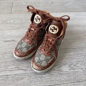 Gucci Kids 29 Brown Croc Embossed Leather High-top Sneakers Micro Monogram GG 12